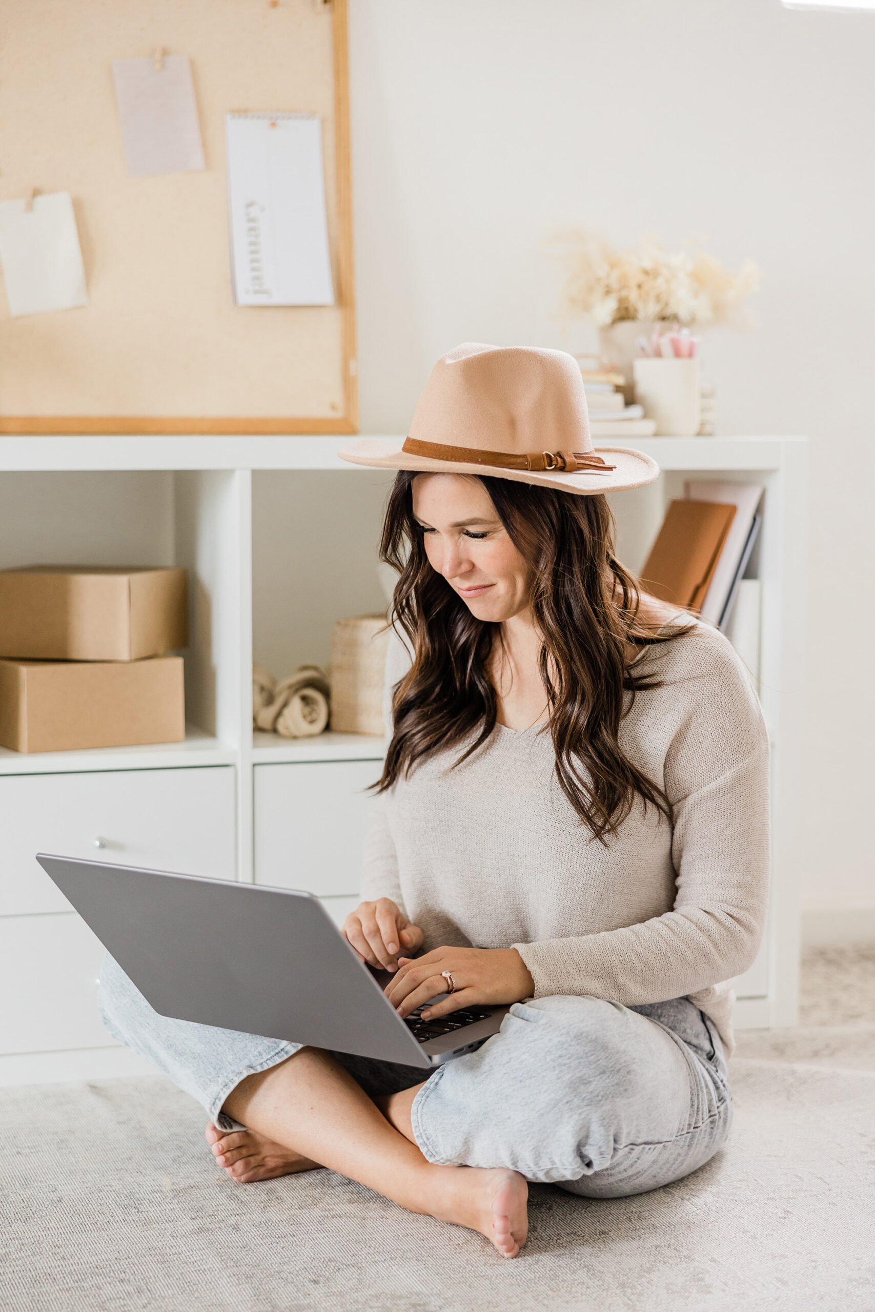 Woman researching peptide therapy at home in natural light